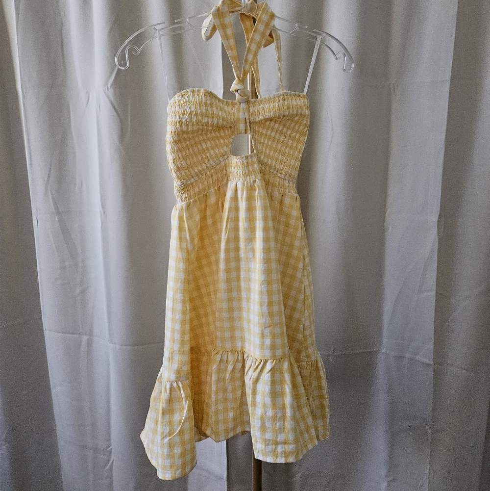 Twenty Ten Yellow Gingham Smocked Mini Dress | Halter Tie - Picture 4 of 7